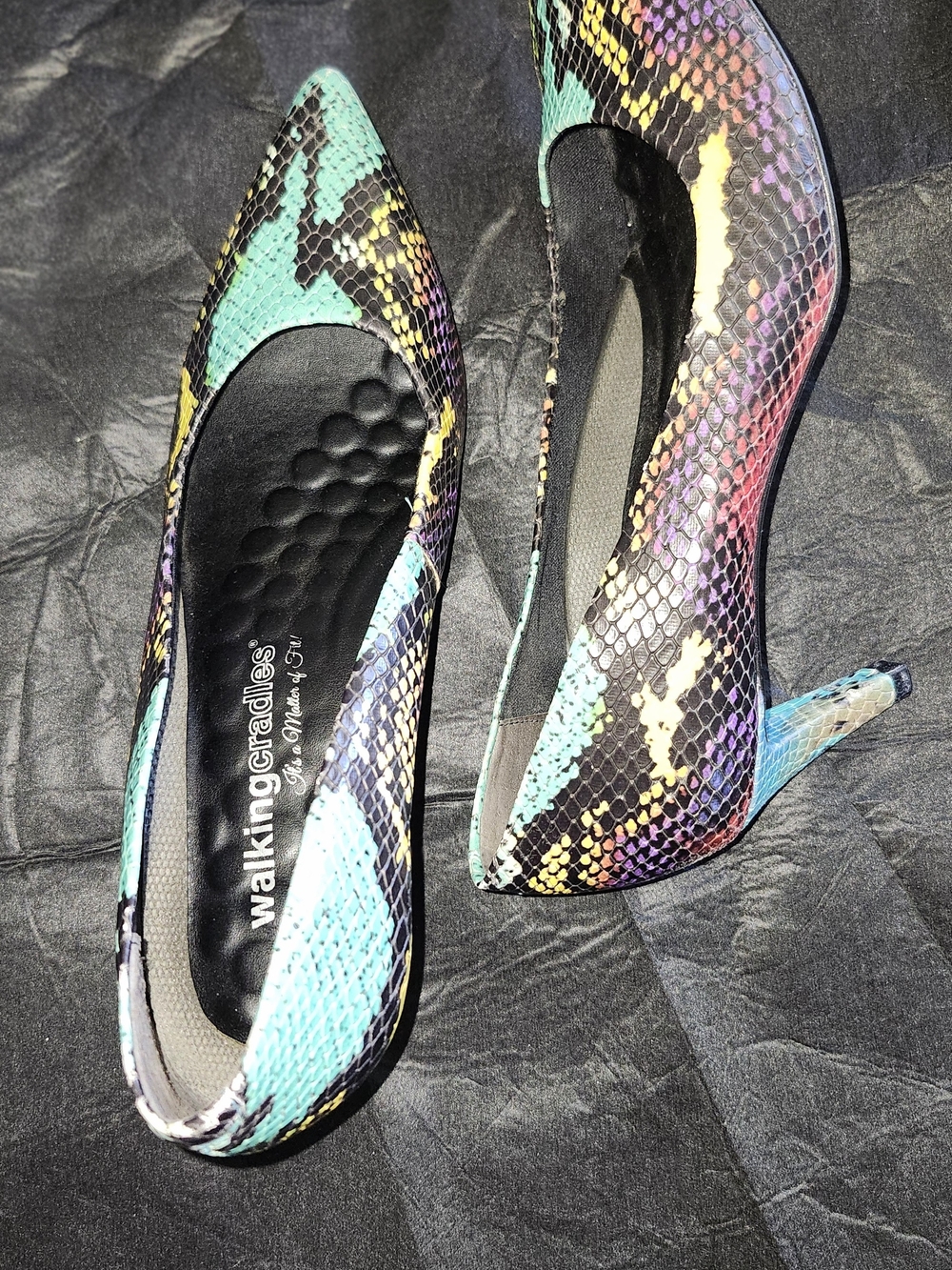 Walking Cradles Teal Pink Yellow Purple Black Snake-Print Pointed Pumps